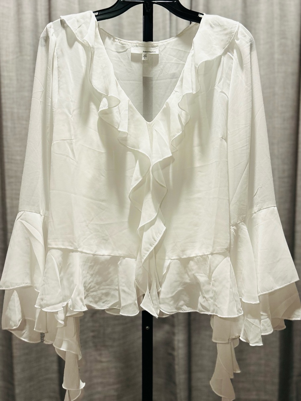 june & hudson White Ruffle V-Neck Blouse with Bell Sleeves